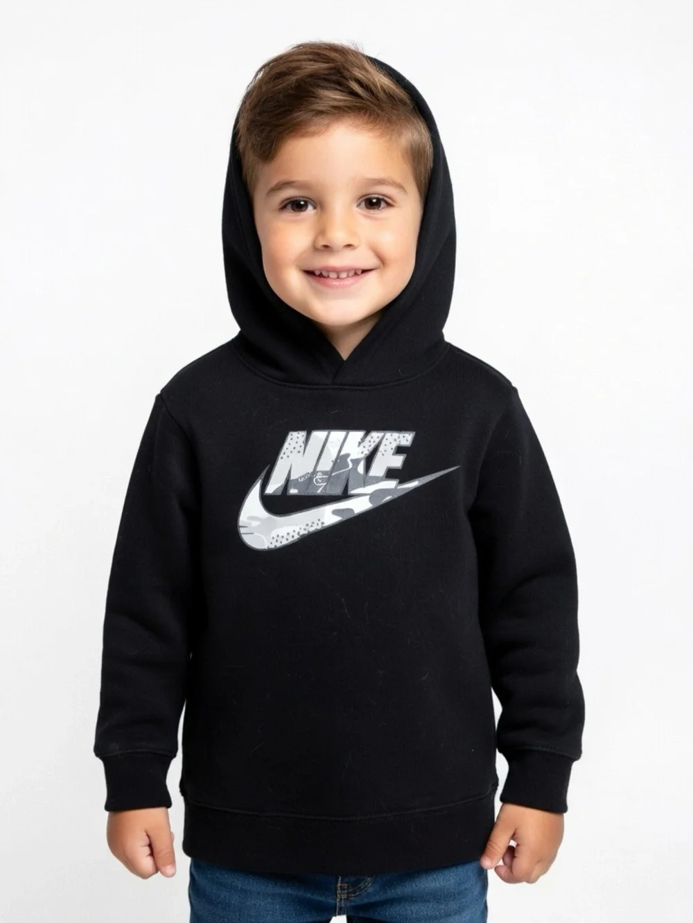 Nike Black Kids Hoodie with Gray Camo Swoosh - Picture 1 of 3